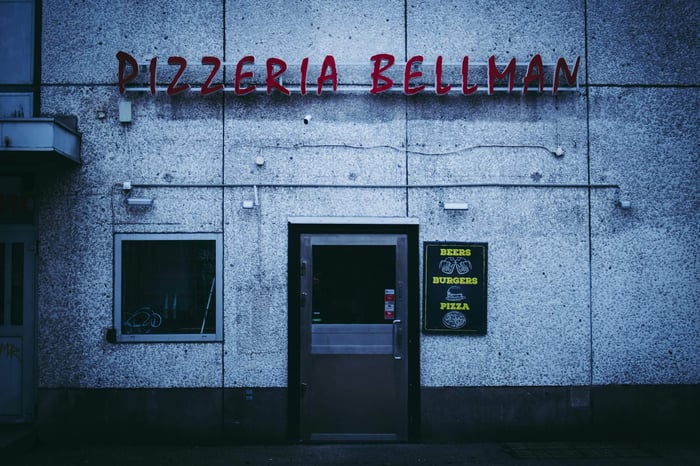 Photo of the Pizzeria Bellman signage and entrance in Stockholm, Sweden.
