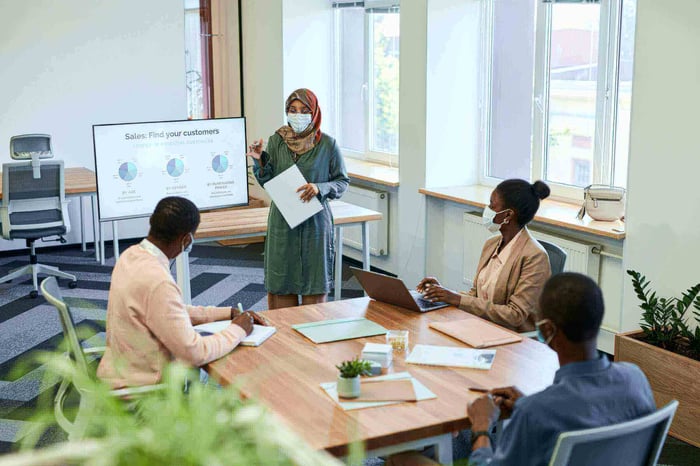 Business professionals in a COVID-safe office meeting, discussing sales strategies.