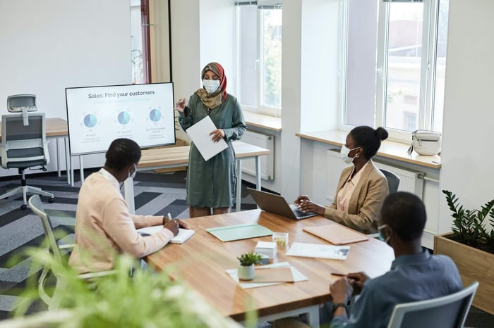 Business professionals in a COVID-safe office meeting, discussing sales strategies.