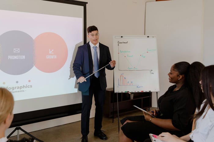 Young professional presents growth strategy using charts and graphs in a meeting.