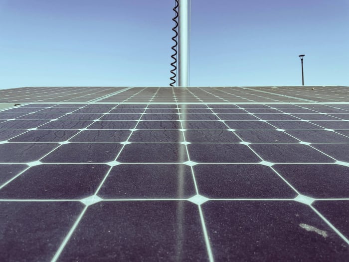 Detailed view of solar panels capturing sunlight, showcasing renewable energy technology.