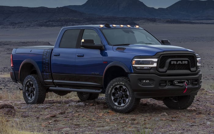 Blue Ram truck, with Ram towing capacity of 17,730 pounds, payload capacity of 4000 lbs, turbo diesel engine, up to 850 lb-ft of torque, and crew cab, available to test drive.