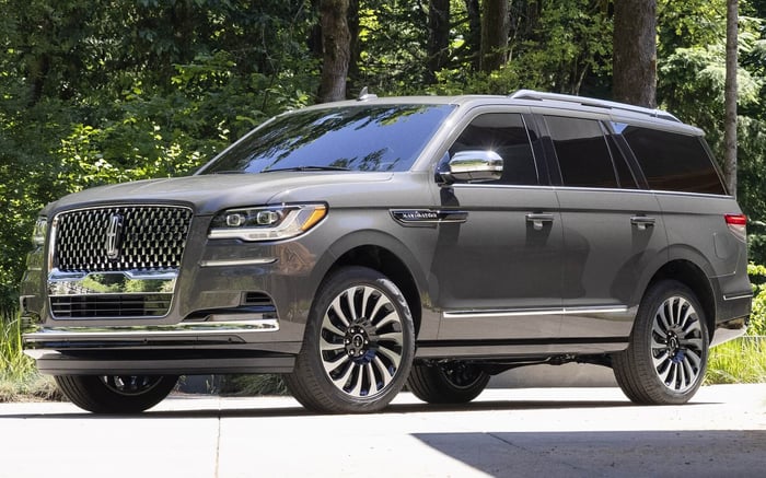 Luxury SUV, the 2022 Lincoln Navigator parked in front of some tres on a sunny day.
