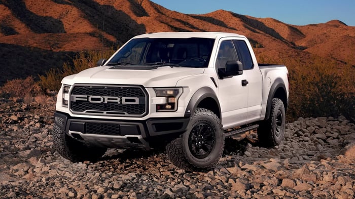 2017 F-150 Raptor from the Ford Motor Company with 15 mpg (city) and 18 mpg (highway) fuel economy and ability to connect a travel trailer.