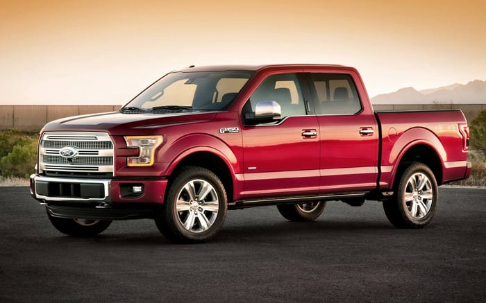 Red Ford F-150 at sunset parked on a country road.