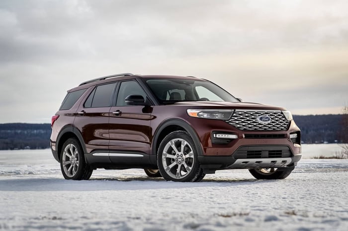Ford Explorer SUV parked on ice and snow, suitable for the adventure driver and offering keyless entry.
