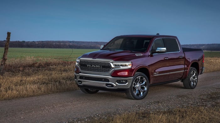 Red Ram truck with standard features, creature comforts, and driver aids to make the driving experience more enjoyable.