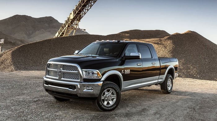 Ram 2500 pickup with extended cab parked in front of gravel pile.