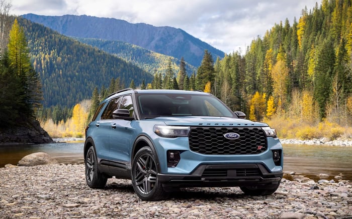 Light blue 2025 Ford Explorer ST, with rearview camera, sport tuned suspension, and average predicted reliability score.