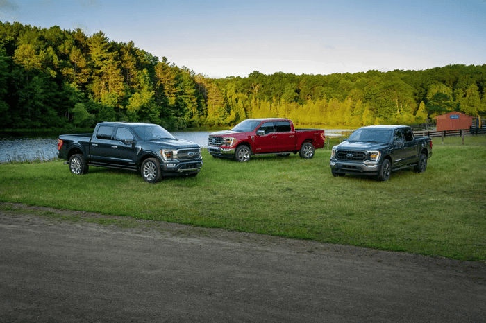 Three Ford F 150 vehicles parked on the grass with standard dimensions, including regular truck bed measuring 96 inches long.