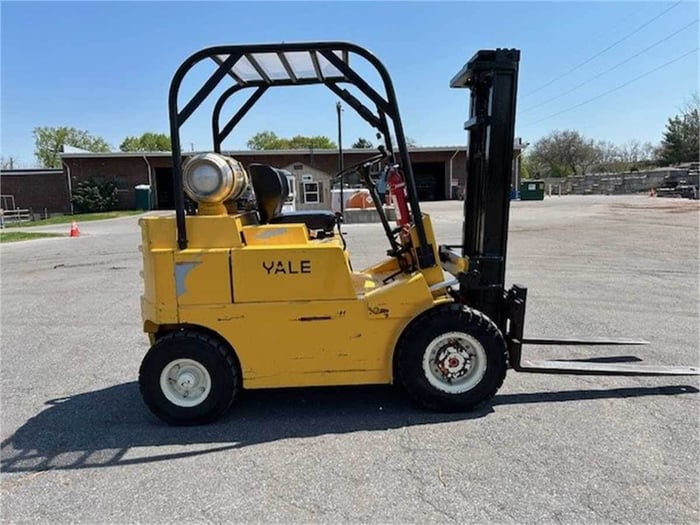 Yellow forklift truck (diesel forklift), a good example of material handling equipment and construction machinery, which also includes counterbalanced forklifts, lift trucks, cat lift trucks, and powered industrial trucks.