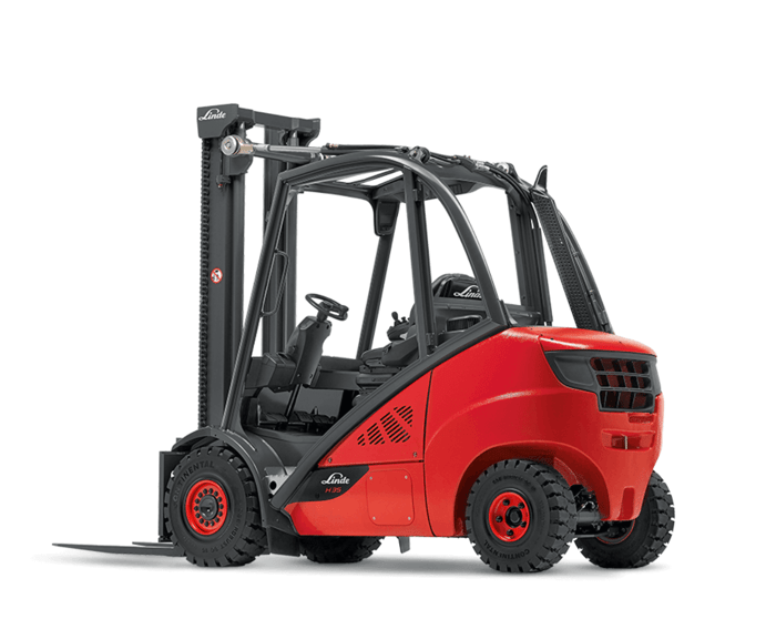 Red KION Group forklift manufacturers vehicle (company which also makes pallet trucks, reach trucks, electric forklifts, internal combustion forklifts, and electric lift trucks).