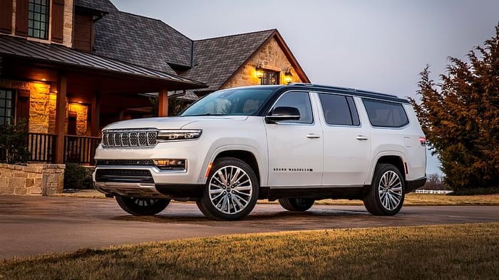 Best Full size SUVs for towing, 2023 Jeep Grand Wagoneer in white color with plenty of cargo space.