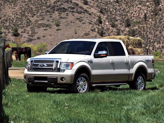 White Ford F-150 truck in a grassy field with horses and hills in the background.