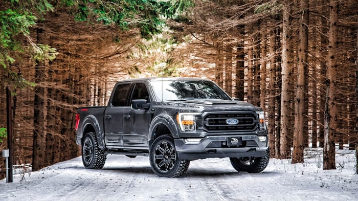 Dark grey Ford F-150 with strong reputation for reliability, large tow capacity, and option of extended warranty.