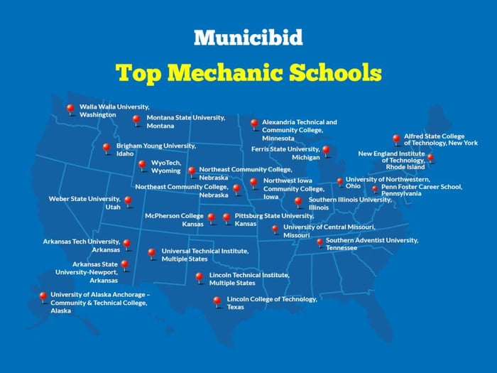 Top 20 Mechanic Schools map infographic