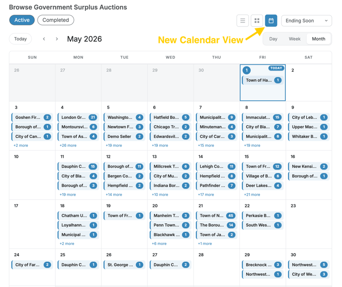 Municibid auction calendar showing active and completed auctions by date
