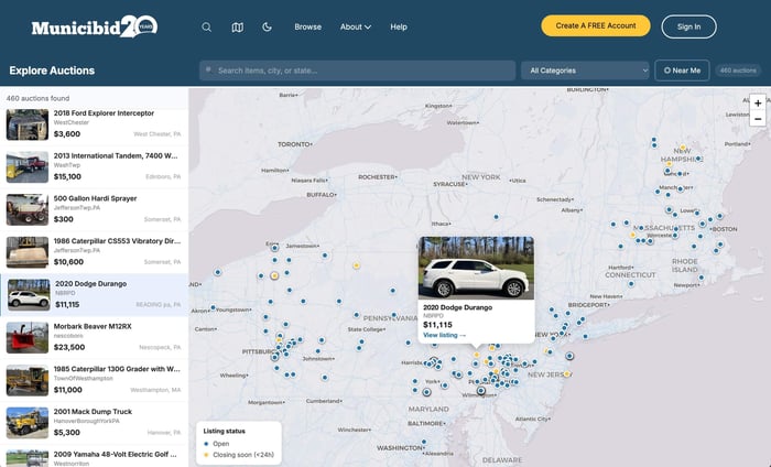 Municibid map showing active auctions, nearby listings, and listing cards