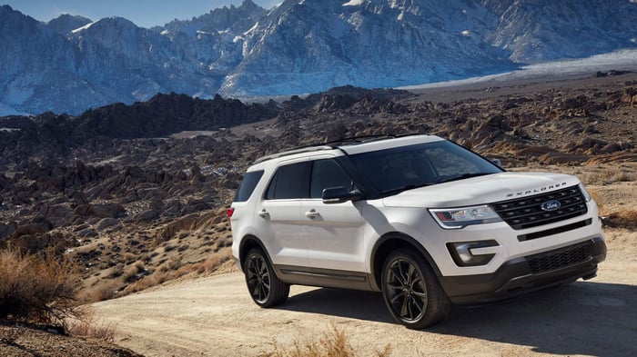 White Ford Explorer towing capacity (tow rating) is at 5000 to 5600 pounds conventional towing capacity, with terrain management system and seven selectable drive modes.