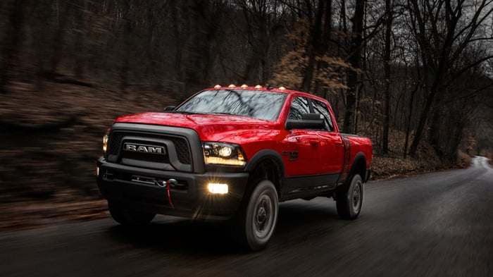 Red Ram truck with trailer reverse steering control, crew cab, turbo diesel engine, and maximum payload capacity of 4000 pounds.