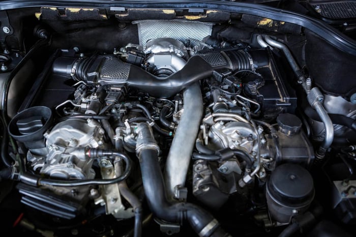 Close-up of vehicle's engine.