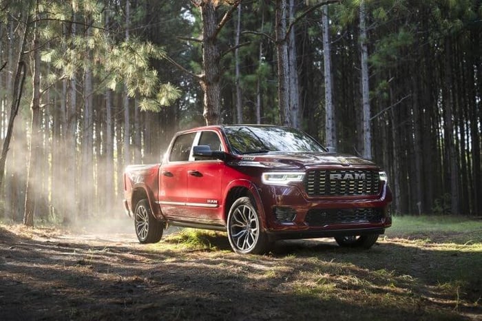 Red Ram 1500 with Tungsten trim, one of the higher trims, parked in a forest.