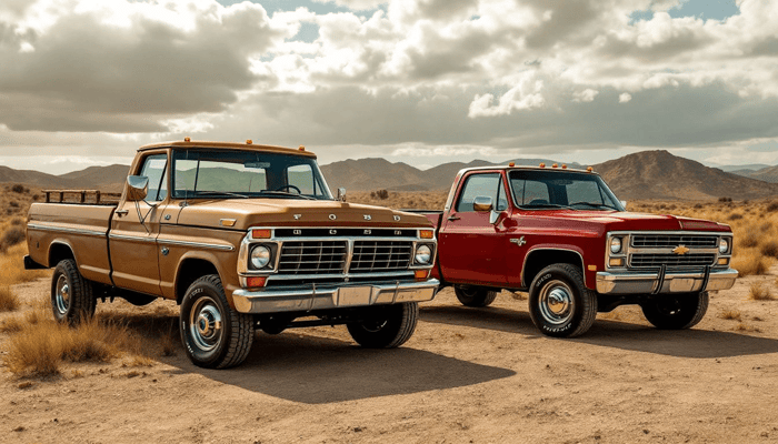 Brown and red pickups parked on a dirt road.