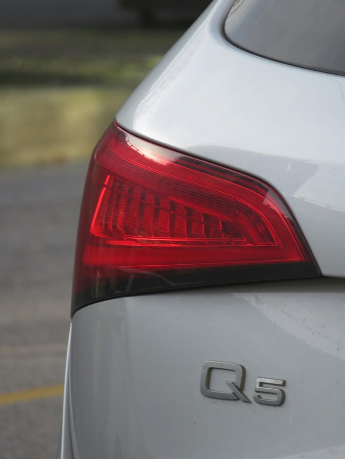 A close-up of the rear light - and Q5 logo- of an Audi Q5 SUV.