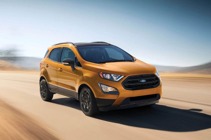 Ford EcoSport, a six speed automatic, with maximum cargo volume of 50 cubic feet with the rear seats folded down and maximum payload capacity of 1,570 pounds.