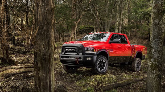 Orange Ram 2500 truck with high performance tires, driving in a forest.