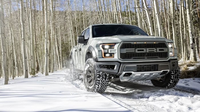 White Ford F-150 truck in the snow, with large windows, comfortable interior, and an advanced infotainment system, available in different trim levels.