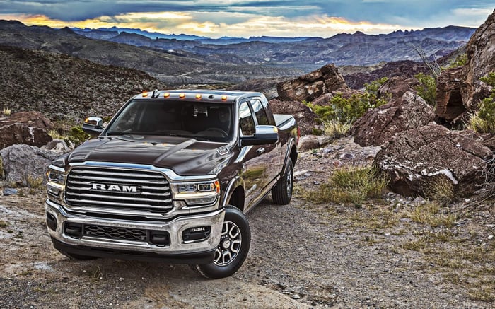 Heavy duty Ram 2500, ranging from 370 to 410 horsepower, available used or at a dealership, properly equipped with brakes.
