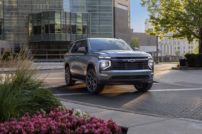 Silver Chevrolet Tahoe with reliability score 3.5 out of 5, roomy interior, USB ports, and adaptive cruise control.