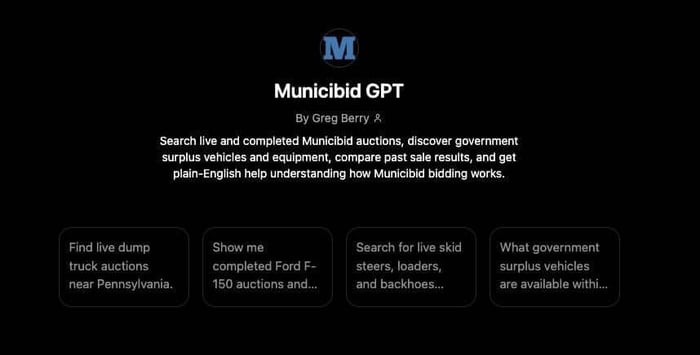 Municibid GPT interface in ChatGPT with suggested prompts for searching government surplus