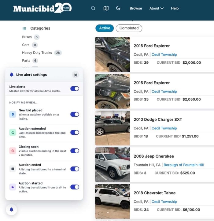 Municibid live activity alert bell widget