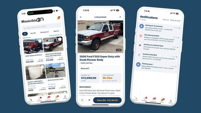 Municibid mobile app screens showing browse, listing detail, and notifications