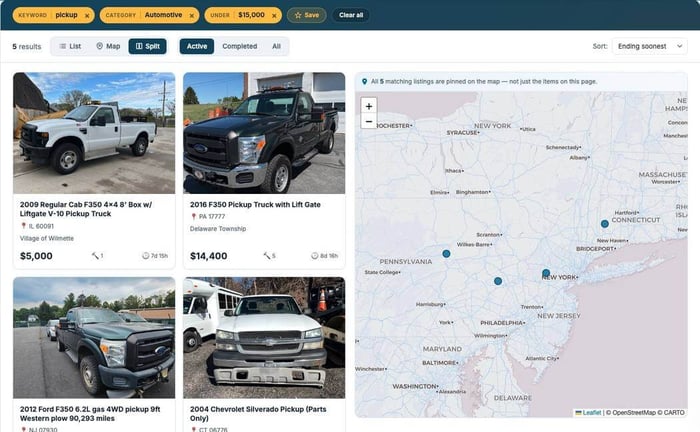 Municibid search results showing listing cards next to a map view