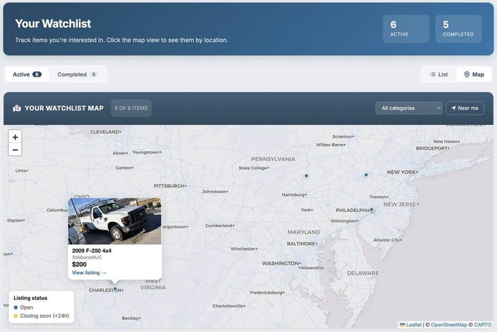 Municibid watchlist map showing watched items by location