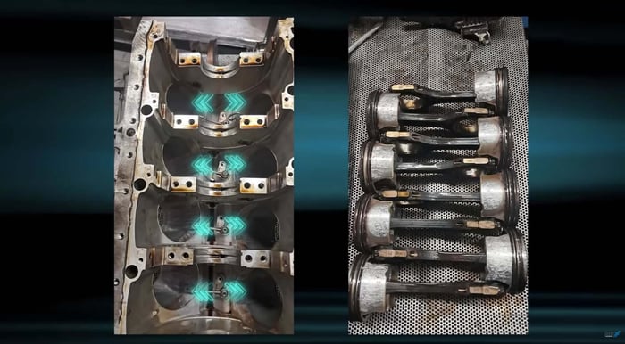 Die Zylinder des mit Alusil beschichteten M278 vor Einbau einer Graugussbuchse.