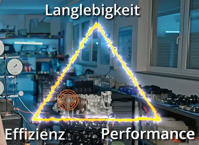 Downsizing Motoren - Bild zeigt Dreieck mit den Schlagwörtern "Langlebigkeit", "Effizienz" und "Performance""