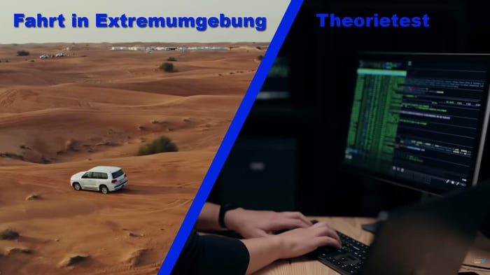 Links ein Auto auf einer Probefahrt durch die Wüste, rechts ein Computer mit Hände, die auf eine Tastatur tippen