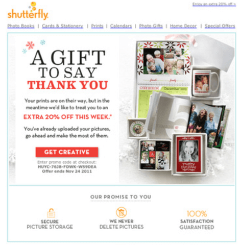 Well-structured thank you page by Shutterfly