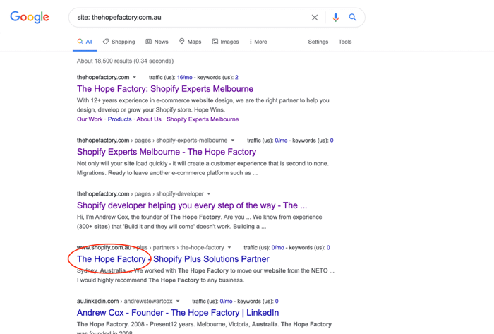 List of what web pages from The Hope Factory site are indexed on Google.