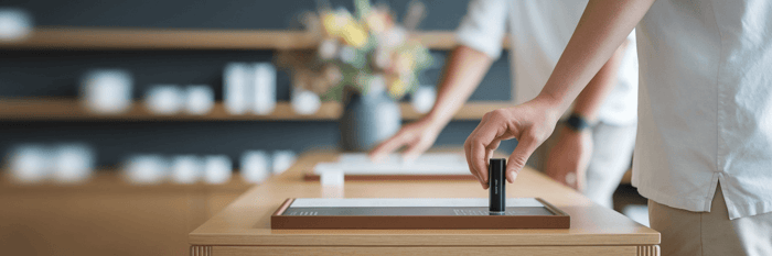 Customer considering a product in a modern Australian store.