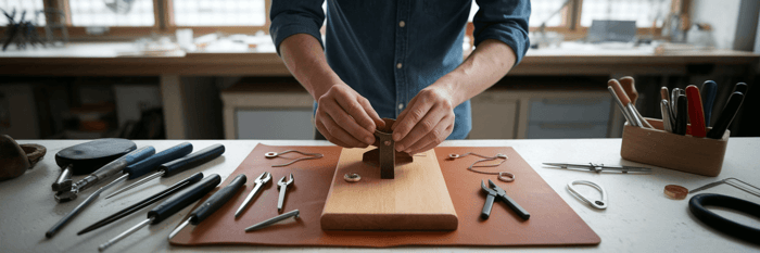 Hands carefully refining a product on a workshop bench.
