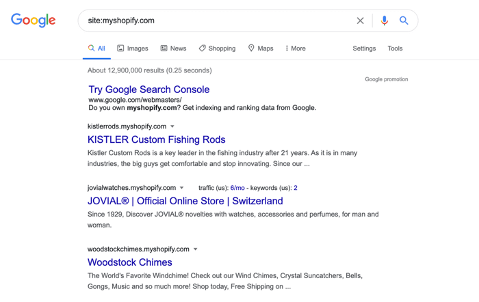 MyShopify site indexed list