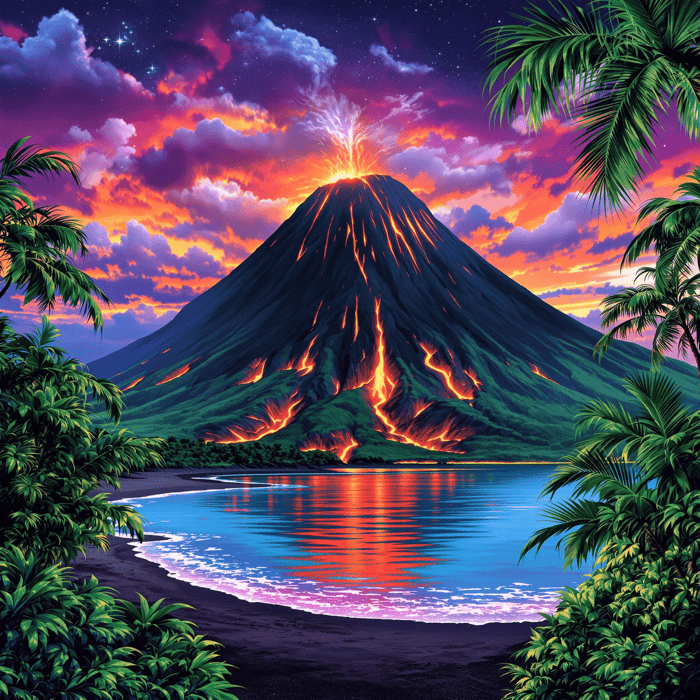 A vibrant tropical volcanic mountain with glowing lava flows at sunset, framed by palm trees and black sand beach, with a calm ocean and stars emerging in the sky.