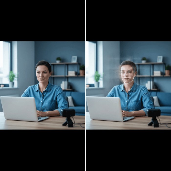 A split-screen visualization showing a video interview setup. On one side, a realistic person sitting at a desk with a laptop and webcam in a home office environment. On the other side, the same scene but with subtle digital artifacts and distortions overlaying the person's face - slight blur around facial edges, unnatural lighting consistency, and a faint digital grid pattern suggesting AI manipulation. The composition should convey the concept of deepfake technology being layered over a real video feed during a remote interview. Modern, professional style with cool blue and gray tones suggesting technology and digital manipulation.