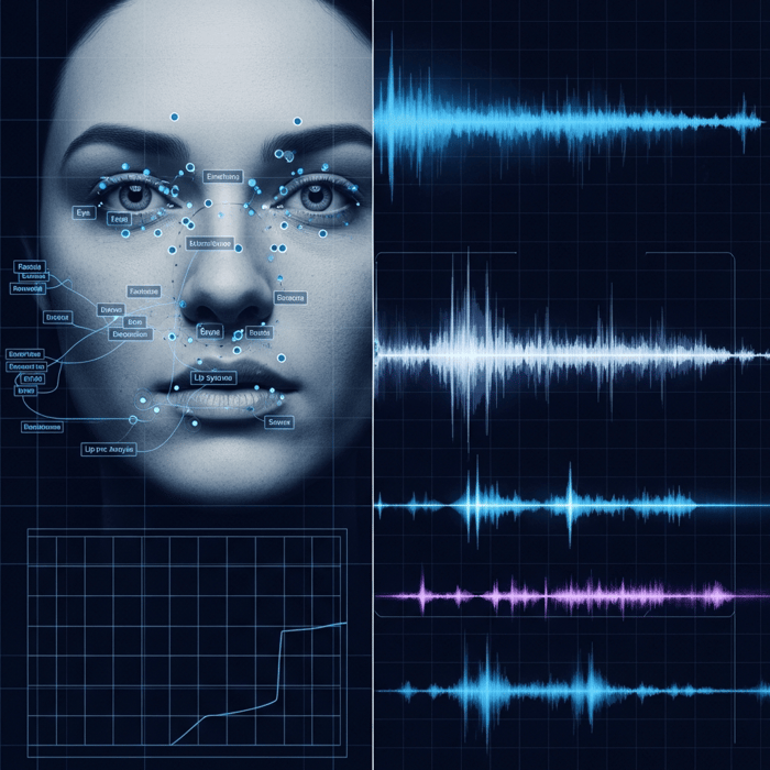 A split-screen technical visualization showing deepfake detection analysis. Left side shows a human face with overlay indicators marking eye movement tracking points, facial landmark detection nodes, and lip sync analysis grid. Right side shows abstract waveform patterns and spectral analysis visualizations representing voice pattern analysis and audio frequency anomalies. Use a forensic, technical aesthetic with subtle blue and purple accent colors, digital scan lines, and analytical overlay elements. Modern, clean, professional style without any text or letters.