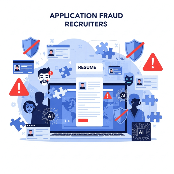 A modern digital illustration showing the landscape of application fraud targeting recruiters. Central focus on a laptop screen displaying a resume application interface, surrounded by warning symbols and threat indicators. Visual elements include: synthetic identity fragments (fragmented ID cards, puzzle pieces of personal data), AI symbols and circuit patterns representing AI-generated applications, deepfake masks or face overlays, proxy figures in shadowy silhouettes, and VPN/network routing visualizations. Color scheme: professional blues and grays with red accent warning colors. Clean, corporate security aesthetic. No text or letters visible.